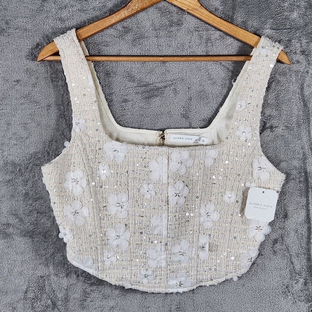 Altar'd State Corset Crop Top XL Rose Petals Rhinestones Floral Pattern White